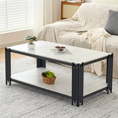 Image de Table basse rectangulaire avec pieds en métal, plateau aspect marbre. Table de salon moderne, blanche et noire, L 114 x P 64 x H 46 cm