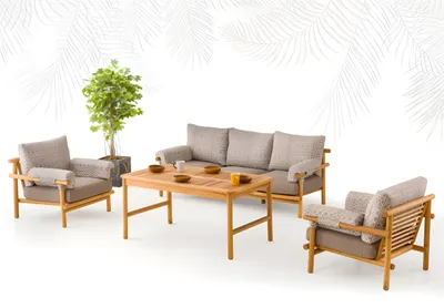Immagine prodotto di Set di mobili da giardino in legno e tessuto beige con divano e poltrone