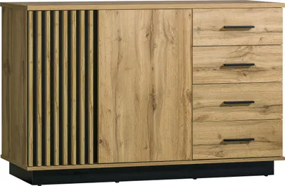 Produktbild von Furniture24 Kommode Lamelo LA6 Schubladenschrank Sideboard mit 2 Türen und 4 Schubladen Wotan Eiche