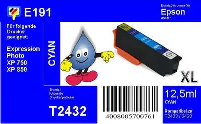 Produktbild von Dr. Inkjet Ersatzpatrone - cyan - mit 12,5ml Inhalt ersetzt T2432