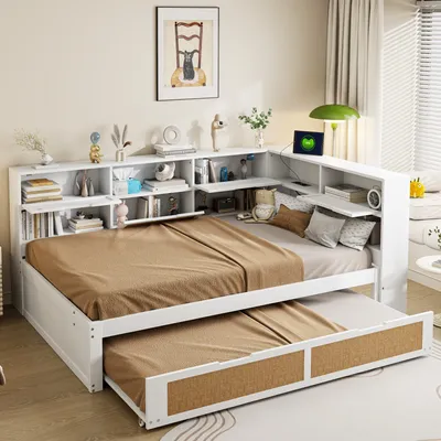 Produktbild von Odikalo Ausziehbett Kinderbett Daybett Schlafsofa Unterbett Staufächern USB-Lade 140x200cm Weiss