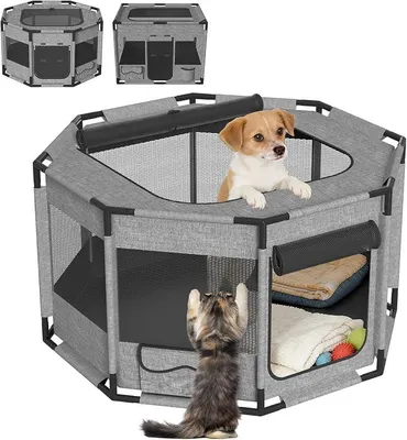 Produktbild von Welpenauslauf 114x114x60 cm aus Oxford-Gewebe, Hundekäfig & Katzenkäfig mit PVC-Rahmen Atmungsaktives Netz Seitentasche, Tierauslauf, Tragbarer Welpenlaufstall für Hunde bis 32 kg(Achteckiger)