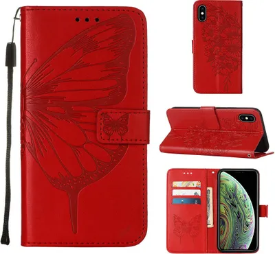 Produktbild von iPhone XS Max Hülle, Schmetterling Prägung Flip Leder Kartenfächer Schutzhülle Ledertasche mit Ständer für iPhone XS Max Rot