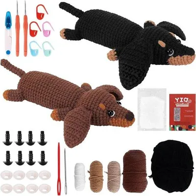 Immagine prodotto di Set di kit creativi per principianti che includono filo, uncinetti e tutorial video. Set per realizzare all'uncinetto cani, ideali come regalo per gli amanti dei bassotti