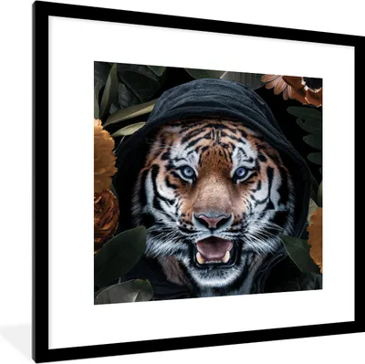 Produktbild von MuchoWow® MuchoWow® Gerahmtes Poster Tiger - Kleidung - Blumen 40x40 cm - Poster mit zchwarzem Bilderrahmen - Poster - Plakat im Rahmen