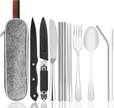 Imagen del producto de Juego de cubiertos de viaje, para camping, de 11 piezas, de acero inoxidable, ergonómico, con estuche, ideal para llevar de viaje