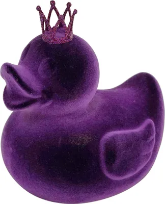 A purple velvet duck figurine wearing a glittery purple crown.