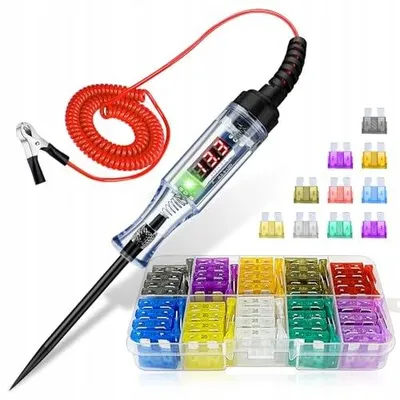 Zdjęcie produktu dla Tester napięcia samochodowy cyfrowy LED 2 5 32V zestaw 100 bezpieczników