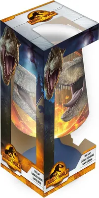The image shows the packaging for a Jurassic World desk lamp.
