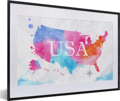 Produktbild von MuchoWow® MuchoWow® Gerahmtes Poster Amerika - Weltkarte - Aquarell 60x40 cm - Poster mit zchwarzem Bilderrahmen - Schlafzimmer - Plakat in Rahmen - Drucken