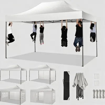 Produktbild von Faltpavillon Pavillon 3x4,5m, Festzelt Gartenpavillon für Garten Terrasse Feier Party, wasserdicht stabil Winterfest & UV-Schutz mit 4 Seitenteilen , 12 Heringe & 4 Seile & 1 Tragetasche, Weiß