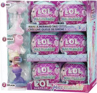 A display box of L.O.L. Surprise! Mermaids! toys, showing the packaging and some of the contents.