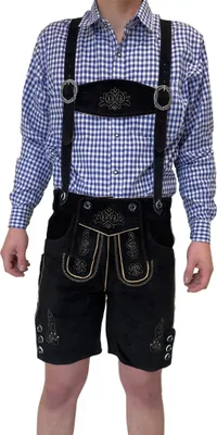 Produktbild von Herren Lederhose Tracht Kurz mit Hosenträgern Rindleder Trachtenhose Premium Tracht  , Größe: 54 Farbe: Schwarz