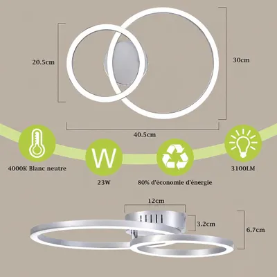 Image de Plafonnier LED ZMH 40 cm, 23 W, pour cuisine et salon, 4000 K, éclairage à deux anneaux pour cuisine, chambre et bureau, couleur argent, Image générée par une IA