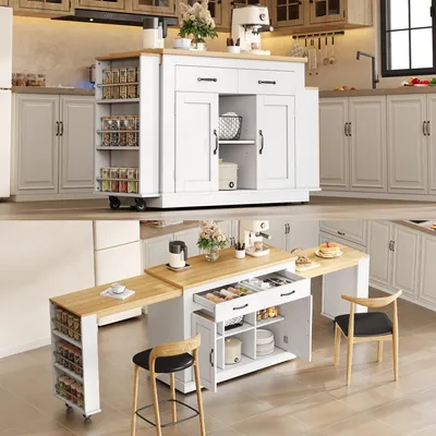Image de Îlot de cuisine Flieks avec deux plans de travail coulissants, chariot de service équipé de 2 prises électriques et de 2 ports USB, meuble de cuisine 142-340 x 55 x 93 cm, blanc