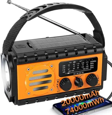 Zdjęcie produktu dla Uniqoos® Przenośne radio awaryjne o pojemności 20 000 mAh – latarka i lampka do czytania, alarm SOS, ładowanie solarne/USB/ręczne, wytrzymałe, wodoodporne urządzenie idealne na camping i w przypadku awarii zasilania