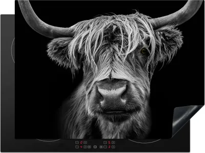 Produktbild von KitchenYeah© Herdabdeckplatte Schottischer Highlander - Hörner - Schwarz - Weiß - Kuh - Wild - Tiere , 71x52cm, Küche Deko, Glaskeramikkochfeld Herdabdeckung, Abdeckplatte fùr Kochfeld