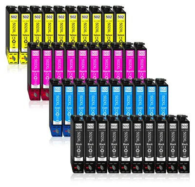 A collection of printer ink cartridges arranged in rows.
