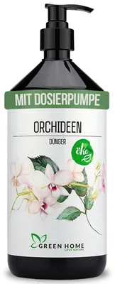 Produktbild von Green Home Love Nature Orchideendünger 1 l, Flüssigdünger NPK 5+5+7 mit chelatierten Spurennährstoffen und Dosierpumpe, für alle Sorten