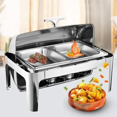 Zdjęcie produktu dla Podgrzewacz do potraw 9L pojemnik do podgrzewania ze stali nierdzewnej 2 ruszty pojemnik do podgrzewania urządzenie do podgrzewania duża kuchnia catering bufet przyjęcie srebrny
