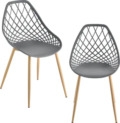 Two gray chairs with wooden legs are shown against a white background.