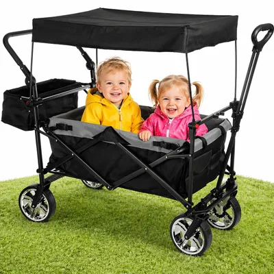 Produktbild von Bollerwagen faltbar mit Dach 105L 100kg Schiebegriff & Teleskop-Ziehstange 2 Feststellbremsen + Zentralbremse hinten 3-Punkt-Gurtsystem XXL-Hecktasche