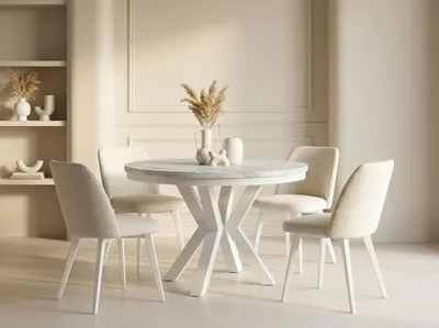 Produktbild von Runder Ausziehbarer Esstisch im Loft-Stil - Industrieller Tisch in Weißer Marmoroptik mit Weißen Metallbeinen - Platzsparender Tisch für Wohnzimmer - Marmor Weiß - 120 bis 200 cm