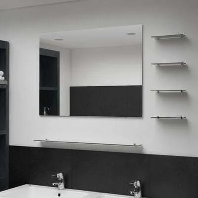 Immagine prodotto di Specchio da bagno AIORBER, in vetro temperato, rettangolare, con 5 ripiani, design minimalista, facile installazione, per bagno, soggiorno, 80 x 60 cm, argento