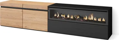 Produktbild von TV-Schrank, Lowboard, 200x35x45cm, Für TV-Geräte bis zu 80", Elektrokamin, Eiche und Schwarz
