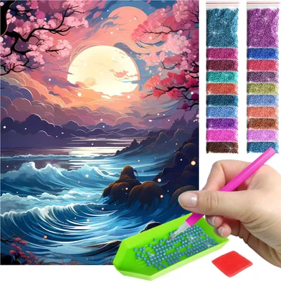 Produktbild von ARTULIO - Diamond Painting Set - Mond über stürmischem Meer - 40 x 30 cm - Crystal Art, 5D Diamant Painting, Komplettset Mosaik + Zubehör