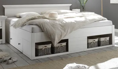 Produktbild von Bett "Hooge" weiß Pinie Landhaus Doppelbett mit 2x Bettschubkasten 180 x 200 cm