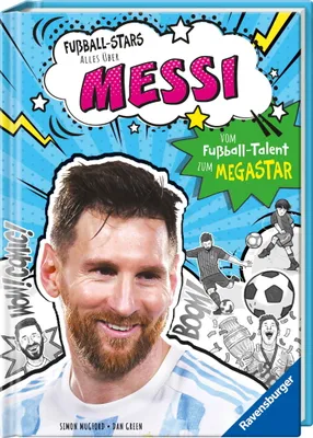 Cover of a book about Lionel Messi, featuring his portrait and comic-style illustrations.