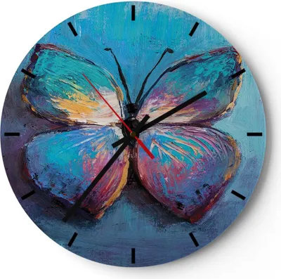 Produktbild von Wanduhr - Rund - Glasuhr - Handschriftlich Schmetterling Blau - 40x40cm - Schleichendes Uhrwerk - Lautlos - zum Aufhängen bereit - Dekoration Modern - Wanddekoration aus Glas - C3AR40x40-4470