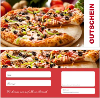 Produktbild von 200 Stück Premium Geschenkgutscheine (Pizza-672) - Ein schönes Produkt für Ihre Kunden Gutscheine Gutscheinkarten für Bereiche wie Gastronomie, Pizzeria, Restaurant, Lieferdienst und vieles mehr