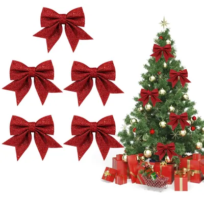 5 rote Glitzer-Weihnachtsschleifen für Baum, Kranz & Geschenke