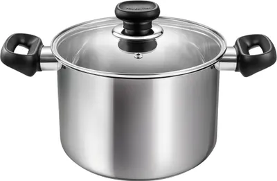 A stainless steel pot with a glass lid and black handles.