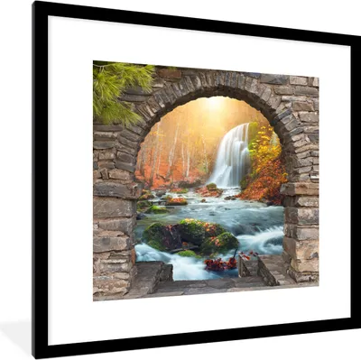 Produktbild von MuchoWow® Gerahmtes Poster Aussicht - Wasserfall - Herbst - Landschaft 40x40 cm - Poster mit Schwarzem Bilderrahmen Wandposter Rahmen Foto Bilder - Poster - Plakat im Rahmen