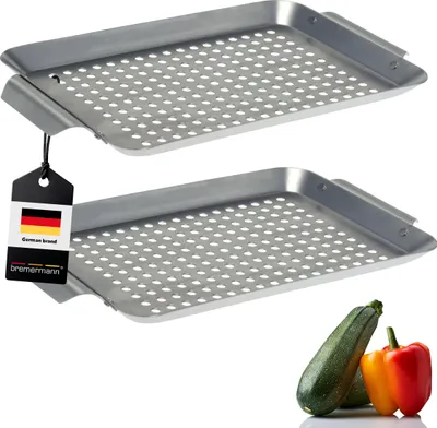Immagine prodotto di set di 2 piastre per grigliare in acciaio inox bremermann (32 x 1,5 x 18,5 cm), cestello per grigliare