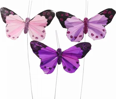 Produktbild von Deko-Schmetterling am Draht Federschmetterlinge Lila Rosa, 12 Stück