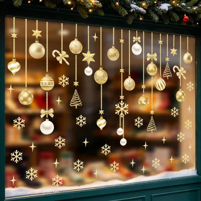 Produktbild von Fensterbilder Weihnachten Weihnachtssticker - Christbaumkugeln - Gold - Wiederverwendbar