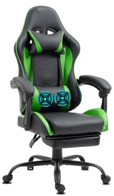 A gaming chair with a footrest and headrest, shown from a three-quarter angle.