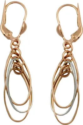 Immagine prodotto di Orecchini pendenti con montatura a retro a leva, dimensioni 43x8 mm, con tre ovali pendenti, bicolore: oro bianco 9k e oro rosa