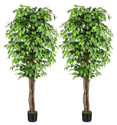 Image de Ficus artificiel de 210 cm, grandes plantes artificielles d'un réalisme saisissant, avec un tronc en bois naturel, grand arbre artificiel pour le salon, la chambre, le bureau et le jardin (lot de 2)