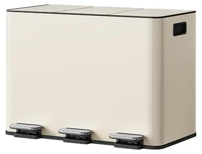 Imagen del producto de Cubo de basura con 3 compartimentos de 45 litros, sistema de separación de residuos con 3 cubetas de 15 litros cada una y tapas de acero inoxidable. Cubo de basura con pedal para la cocina, con sistema de cierre suave y cubeta interior extraíble, color beige