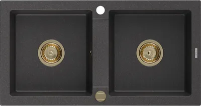 Produktbild von Mexen Mario 2-Becken-Granit-Spülbecken 820 x 436 mm, Schwarz gesprenkelt, Siphon Gold - 6504822000-76-G