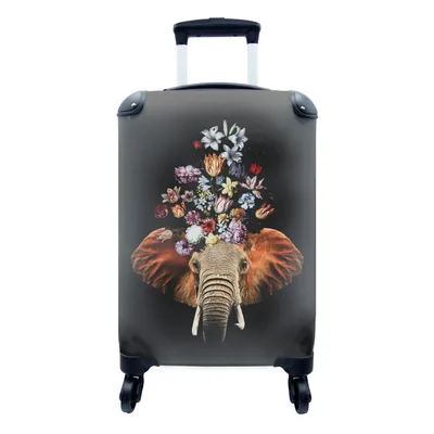 Produktbild von MuchoWow® Koffer Handgepäck Trolley Rollkoffer Kleine Reisekoffer mit 4 Rollen - Elefant - Blumen - Schwarz - Cabin Size < 55x40x23 cm & 55x40x20 cm - Fotokoffer - Kabinenkoffer - Boardgepäck - Reise-Box - Reisekoffer - Reisegepäck - Koffer mit Bild - Trolley für Kinder