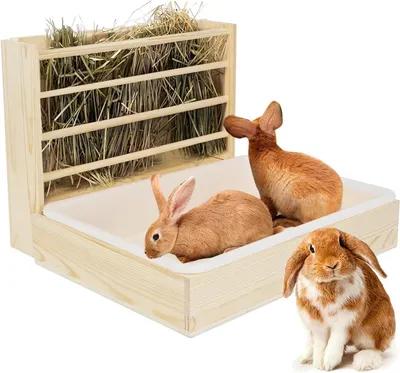 Produktbild von Heuraufe mit Toilette für Kaninchen, Holzraufe mit Tränke und Fressnapf, 2-in-1 Tierzubehör für Haustier