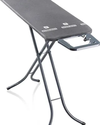 A gray ironing board with black metal legs is shown against a white background.