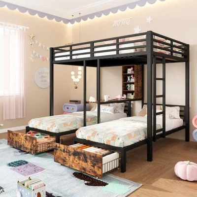Produktbild von Dreier-Stapelbett, 140 x 200 cm + 90 x 200 cm, 3 Betten, mit Seitenlehnen, mit Aufbewahrungsboxen, 2 Schubladen, Holz, ohne Matratze, schwarz