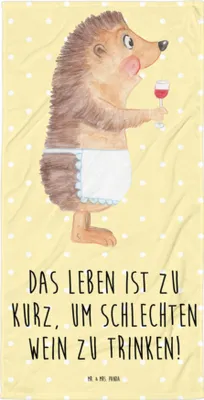 Produktbild von Mr. & Mrs. Panda Strandtuch Igel Wein - Gelb Pastell - Geschenk, Großes Handtuch, Weinliebhaber, Badehandtuch, Rotwein, Lustige Sprüche, Weißwein, Spruch, Reisehandtuch